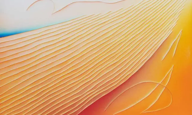 Abstract Gutai art with flowing orange and yellow lines, evoking sand dunes or rippling water.