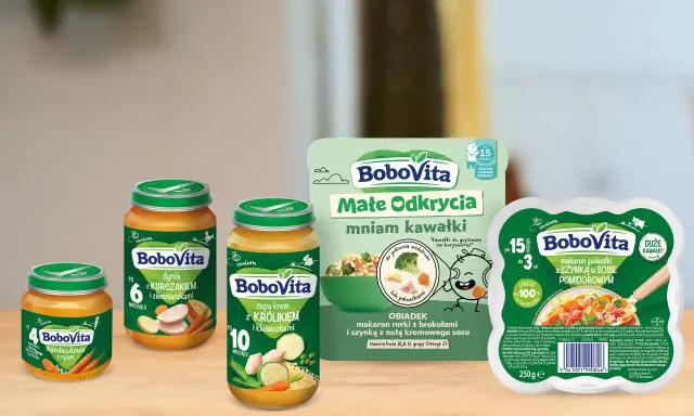 BoboVita: słoiczki od 4 miesiąca. Dynia z kurczakiem, zupa z królikiem i kluseczkami, obiadek z makaronem i szynką.
