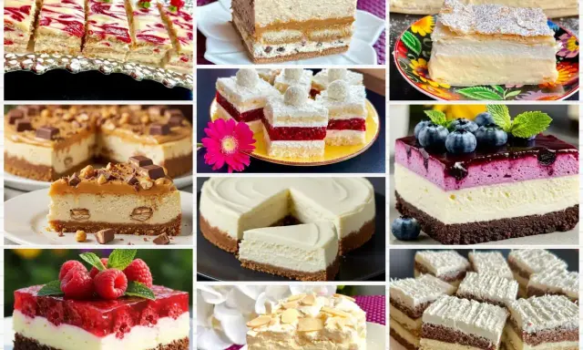 Kompilacja 10 najlepszych ciast: sernik, tiramisu, ciasto z malinami i kremem, deser z borówkami i wiele innych słodkości.