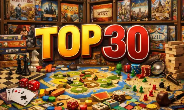 Popularne gry planszowe: "TOP 30" na tle półek z grami, plansza, kości, karty i pionki.