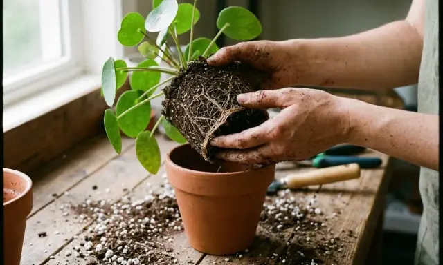 Mains terreuses tenant une plante aux racines bien développées, prête à rempoter dans un pot en terre cuite.