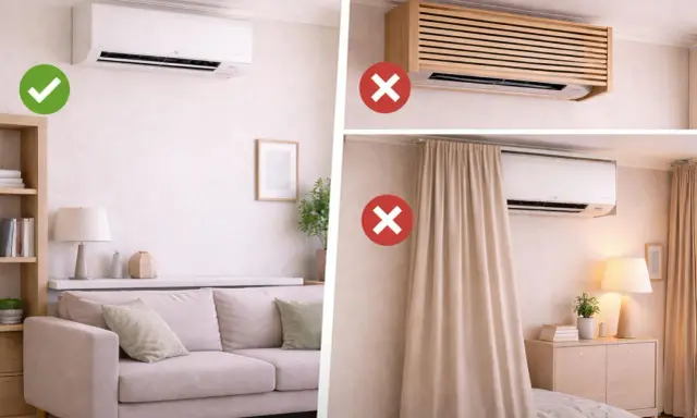 Guía visual: cómo instalar aire acondicionado correctamente. Evita obstrucciones y cubiertas que impidan su funcionamiento óptimo.
