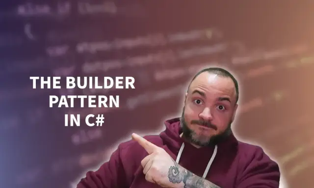 Mężczyzna wskazuje na tekst "THE BUILDER PATTERN IN C#" na tle kodu.