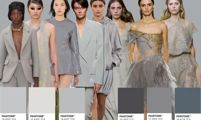 Modelli con abiti eleganti in tonalità grigio e cammello, con campioni di colore Pantone a contrasto.