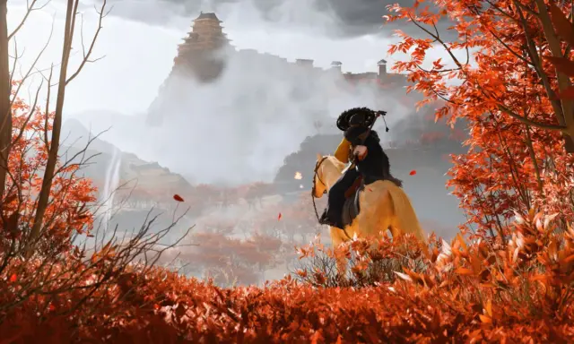 Jeździec w jesiennym krajobrazie, z zamkiem na wzgórzu w tle. To scena z gry Ghost of Yotei PC.