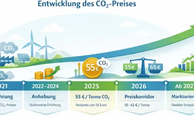 Entwicklung des CO2-Preises in Deutschland: Von Einführung 2021 über Anhebung bis marktorientiert ab 2027. Grüne Energie und steigende Preise.