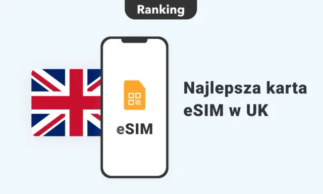 Ranking najlepszej karty eSIM w UK. Flaga Wielkiej Brytanii obok telefonu z ikoną eSIM.