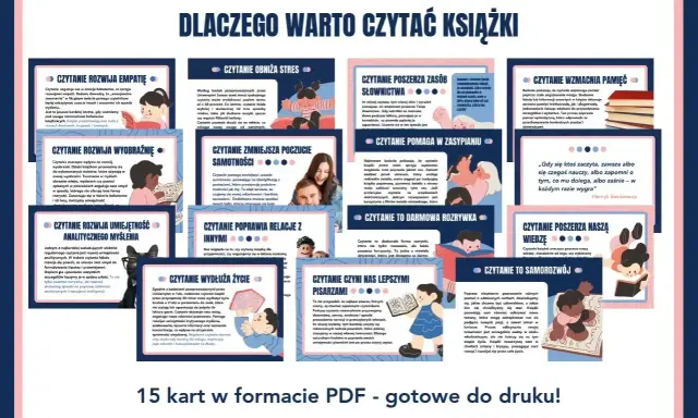 Dlaczego warto czytać książki? Rozwija empatię, obniża stres, poszerza słownictwo, wzmacnia pamięć, rozwija wyobraźnię, pomaga w zasypianiu, wydłuża życie i czyni lepszymi pisarzami.