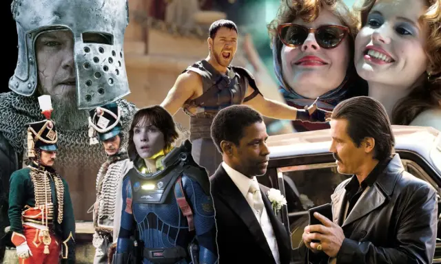 Collage di film di Ridley Scott: un cavaliere, soldati, astronauta, gladiatore, donne e gangster.