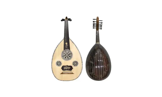 Deux oud, instruments de musique à cordes, l'un clair et décoré, l'autre sombre et strié.