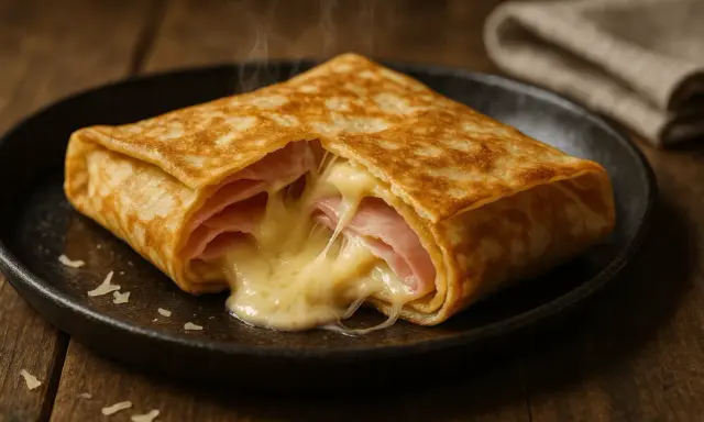 Un délicieux crepe au jambon et fromage fondant, fumant sur une assiette noire, prêt à être dégusté.