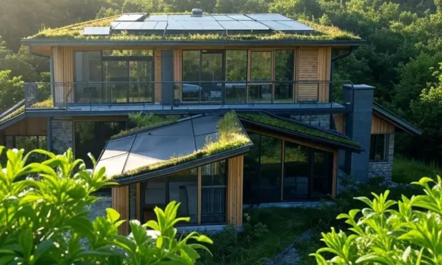 Maison moderne avec toiture végétalisée et panneaux solaires, exemple de construction maison écologique intégrée à la nature.