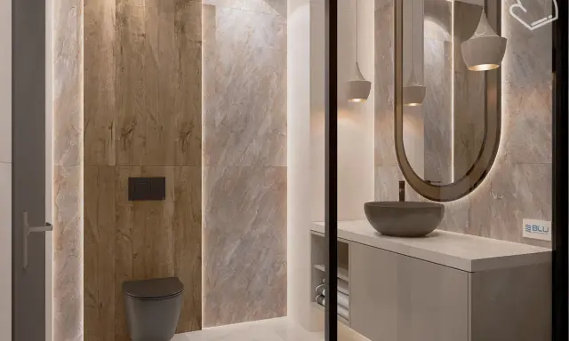 Nowoczesna łazienka z płytkami 120x60 ułożonymi pionowo, imitującymi drewno i kamień. Elegancka umywalka nablatowa i podwieszana miska WC.