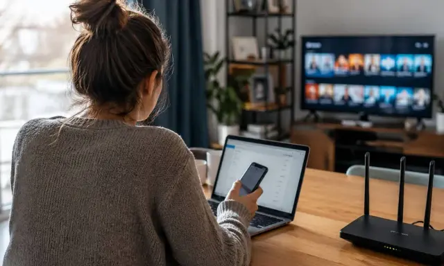 Frau am Laptop, Handy in der Hand. 20 mbit/s wie schnell das Internet ist, zeigt der Router. Streaming auf dem Fernseher.