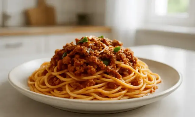 Porcja spaghetti ragu z mielonym mięsem i ziołami na białym talerzu.