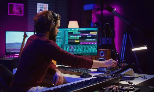 Un artista di musica elettronica lavora nel suo studio, mixando suoni con attrezzature professionali e un software di produzione musicale.