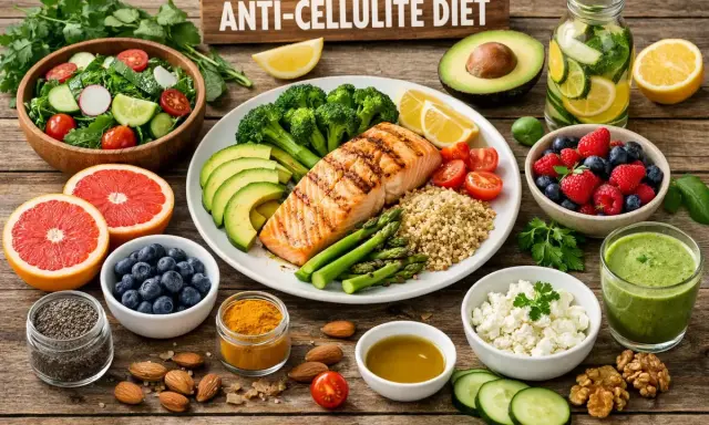 Zdrowe jedzenie na talerzu: łosoś, warzywa, owoce i kasza. To składniki idealne na dieta antycellulitowa.