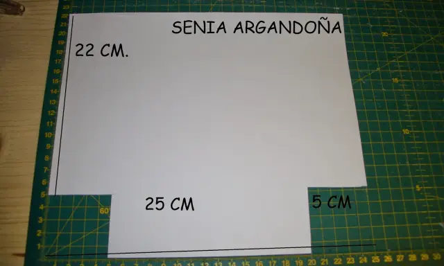Patrón de neceser con medidas: 22 cm de alto, 25 cm de ancho y 5 cm de solapa.