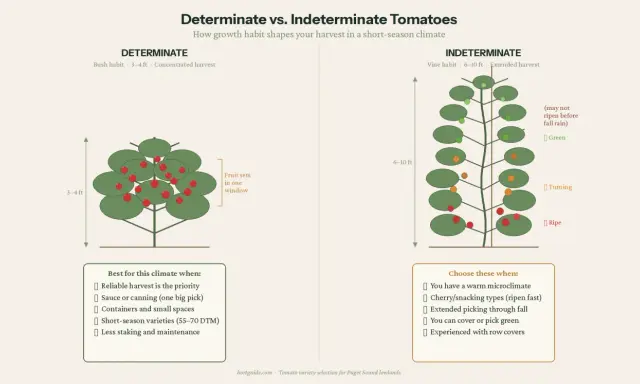 Determinate tomatoes are bush-like, 3-4 ft tall, with concentrated harvests. Indeterminate tomatoes are vine-like, 6-10 ft tall, offering extended harvests.