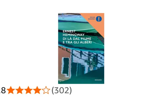 Copertina del libro "Di là dal fiume e tra gli alberi" di Ernest Hemingway, con riflessi sull'acqua.