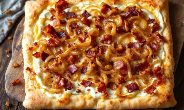 Flammekueche prête à déguster, garnie d'oignons caramélisés et de lardons croustillants sur une pâte fine et dorée. Un délice !