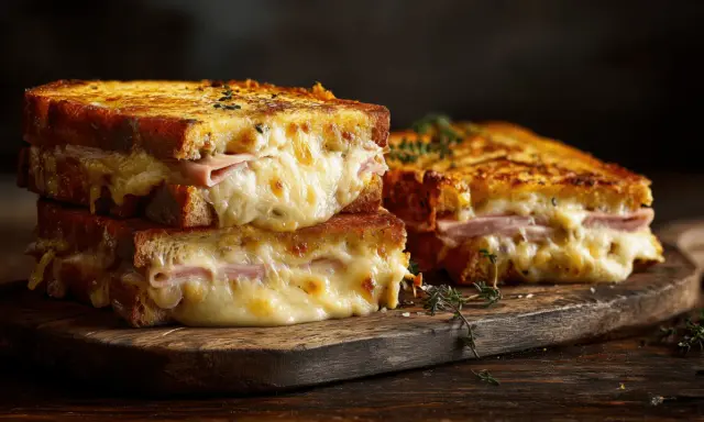 Deux croque monsieur au four empilés, leur fromage fondant dégouline. Un plat réconfortant et gourmand.