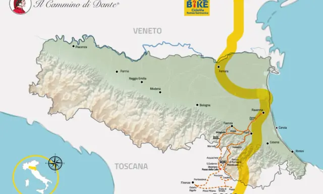 Mappa del Cammino di Dante, con le tappe da Piacenza a Roma, passando per Bologna e Firenze.