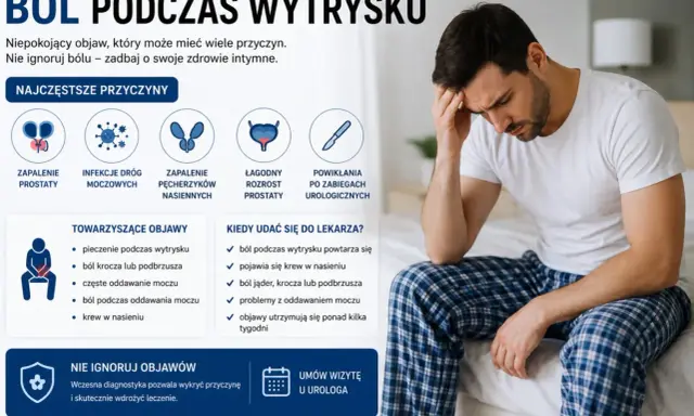 Mężczyzna z bólem głowy, siedzący na łóżku. Obok grafika informująca o bólu podczas wytrysku, w tym pieczenie jąder.