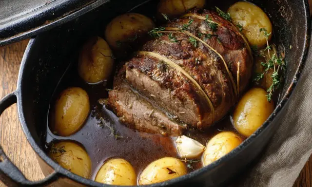 Un rôti de quasi de veau, lié à la ficelle, mijote dans un jus savoureux avec des pommes de terre et de l'ail.