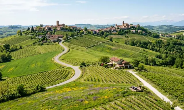 Un borgo italiano su una collina, circondato da vigneti rigogliosi e campi verdi. Un sogno per le vacanze in collina.