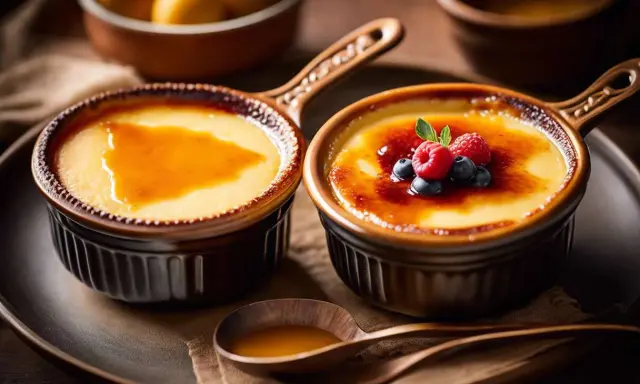 Deux desserts : une crème catalane simple et une crème brûlée garnie de fruits rouges. La différence est subtile mais délicieuse.