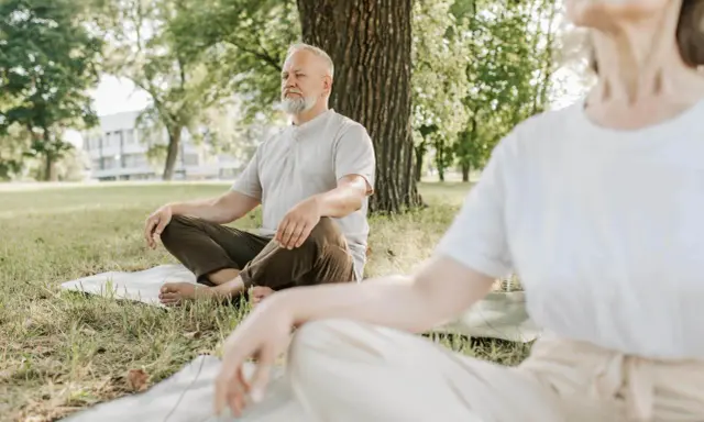 Två personer sitter i lotusställning på gräsmattan under ett träd. De utövar liggande meditation i en lugn parkmiljö.