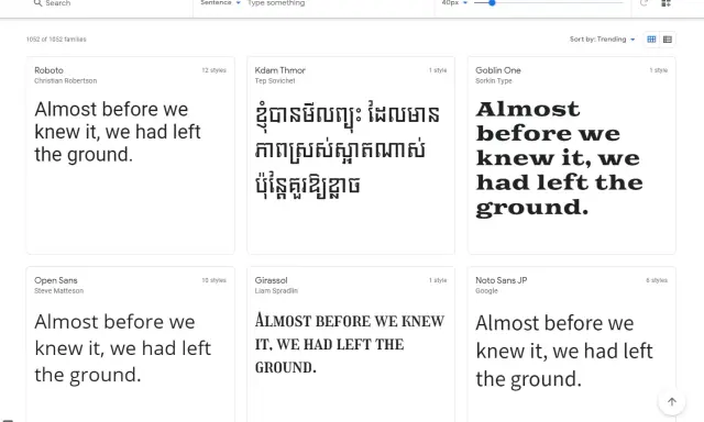 Explora tipografías Google Fonts. Muestra diferentes estilos de texto, como Roboto, Kdam Thmor y Goblin One, con la frase "Almost before we knew it, we had left the ground.