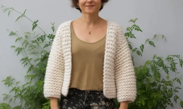Mujer sonriente luce una chaqueta dos agujas tejida a mano, ideal para aprender paso a paso.