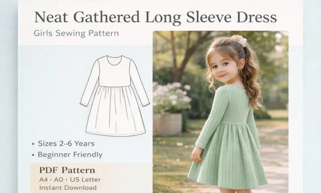 Niña con vestido verde de manga larga y patrón de costura.
