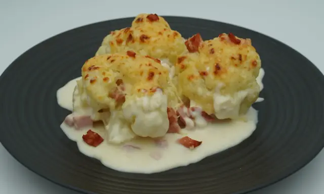 Tres porciones de coliflor gratinada con bechamel y trocitos de jamón, servidas en un plato oscuro.