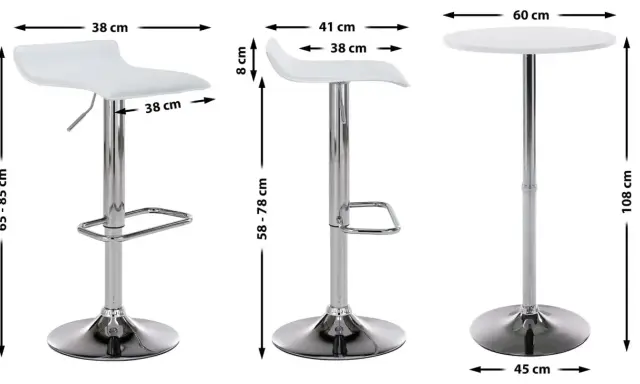 Ein Bartisch ist 108 cm hoch. Daneben sind zwei Barhocker mit verstellbarer Sitzhöhe von 65-85 cm und 58-78 cm abgebildet.