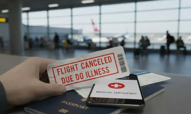 Dłoń trzyma bilet z napisem "FLIGHT CANCELED DUE TO ILLNESS". Obok paszport, telefon z komunikatem "MEDICAL EMERGENCY" i inne bilety. Pytanie: czy można anulować bilet lotniczy?
