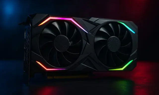 Carte graphique noire avec éclairage RGB, prête pour le ray tracing et des graphismes immersifs.