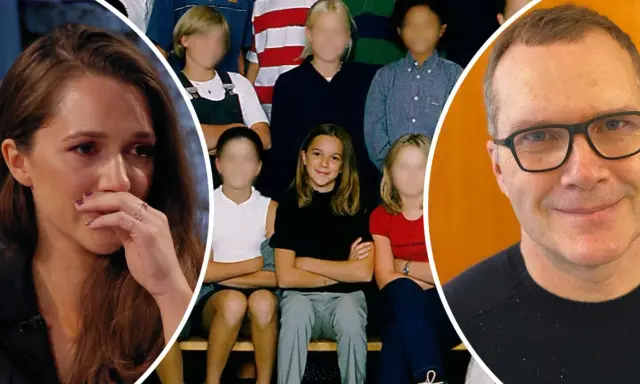 Melissa Horns barndom med klasskamrater och en leende man.