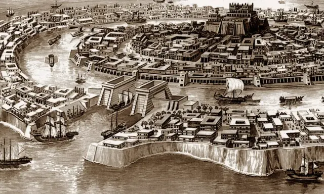 Eine antike Stadt mit Kanälen, Schiffen und monumentalen Gebäuden. Stell dir vor, gab es Atlantis wirklich?
