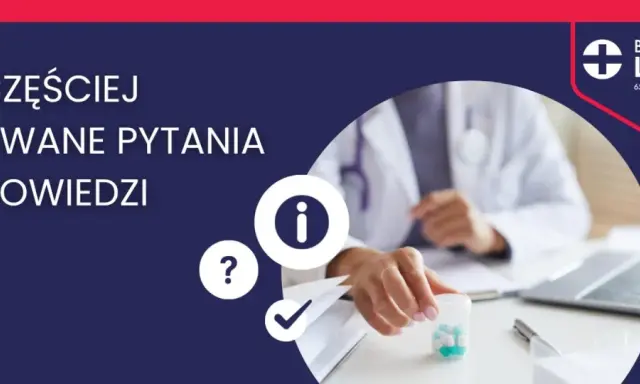 Lekarz w białym fartuchu trzymający pojemnik z lekami, obok ikony informacji i znaku zapytania.