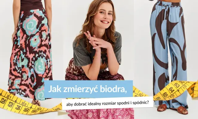 Kobieta w kolorowych spodniach i spódnicy, obok miarka krawiecka.
