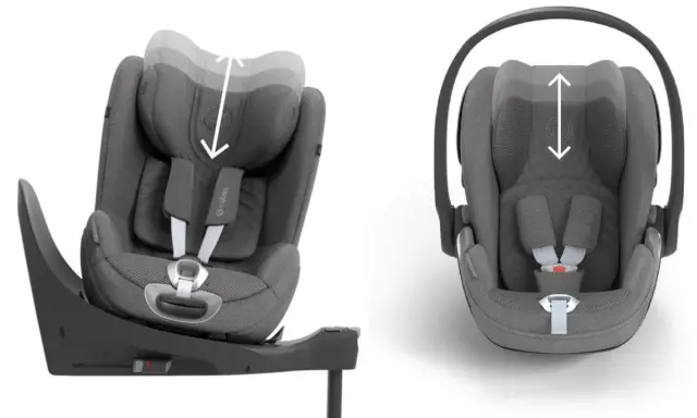 Szara baza z cybex do fotelika samochodowego, z regulacją zagłówka.