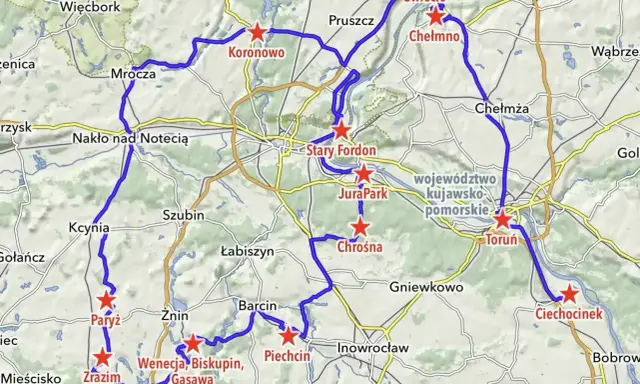 Mapa z zaznaczonymi trasami rowerowymi i atrakcjami. Odkryj magiczne miejsca Kujawsko-Pomorskie: Koronowo, Chełmno, Toruń, Biskupin i inne.