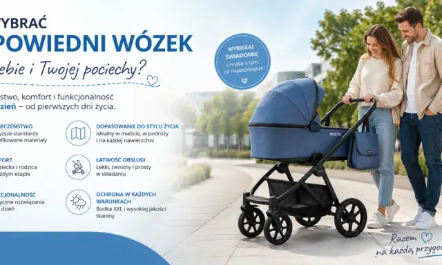 Jak wybrać wózek dla dziecka? Młodzi rodzice spacerują z niebieskim wózkiem, który jest bezpieczny, komfortowy i funkcjonalny.