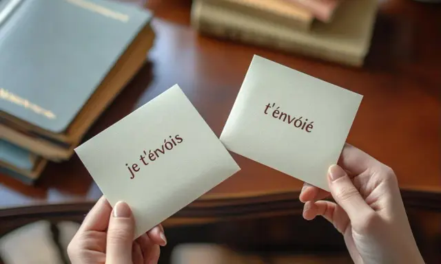 Deux mains tiennent des cartes. L'une dit "je t'envois", l'autre "t'envoie". Des livres sont en arrière-plan.