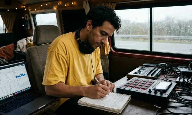 Artiste musicien, concentré sur son carnet, prépare sa demande de subvention artiste musique. Son studio mobile est prêt.