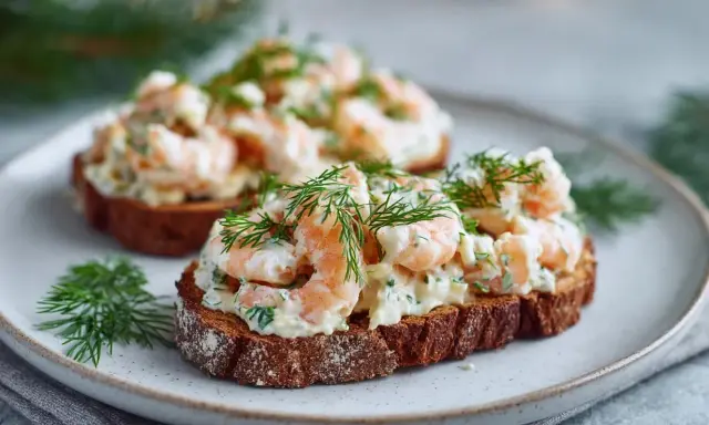 Två toast Skagen med dill och räkor på mörkt bröd, serverade på en tallrik.