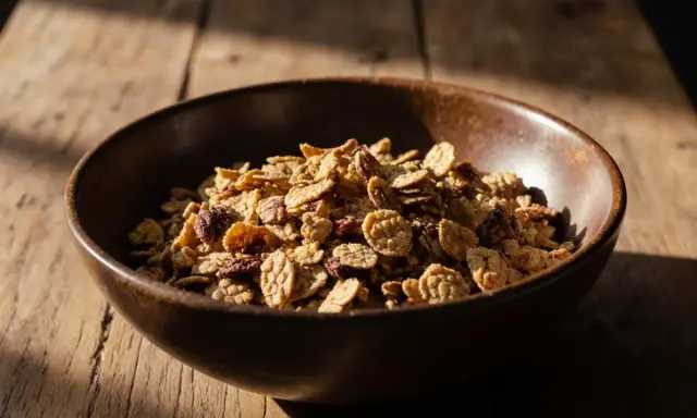 Schüssel mit knusprigem Müsli, perfekt für ein schnelles Frühstück aus dem Airfryer.